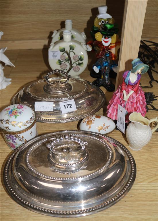 Two Limoges pots, Belleek and other ceramics, a Royal Doulton Figurine - Priscilla HN 1540 and a pair of entree dishes